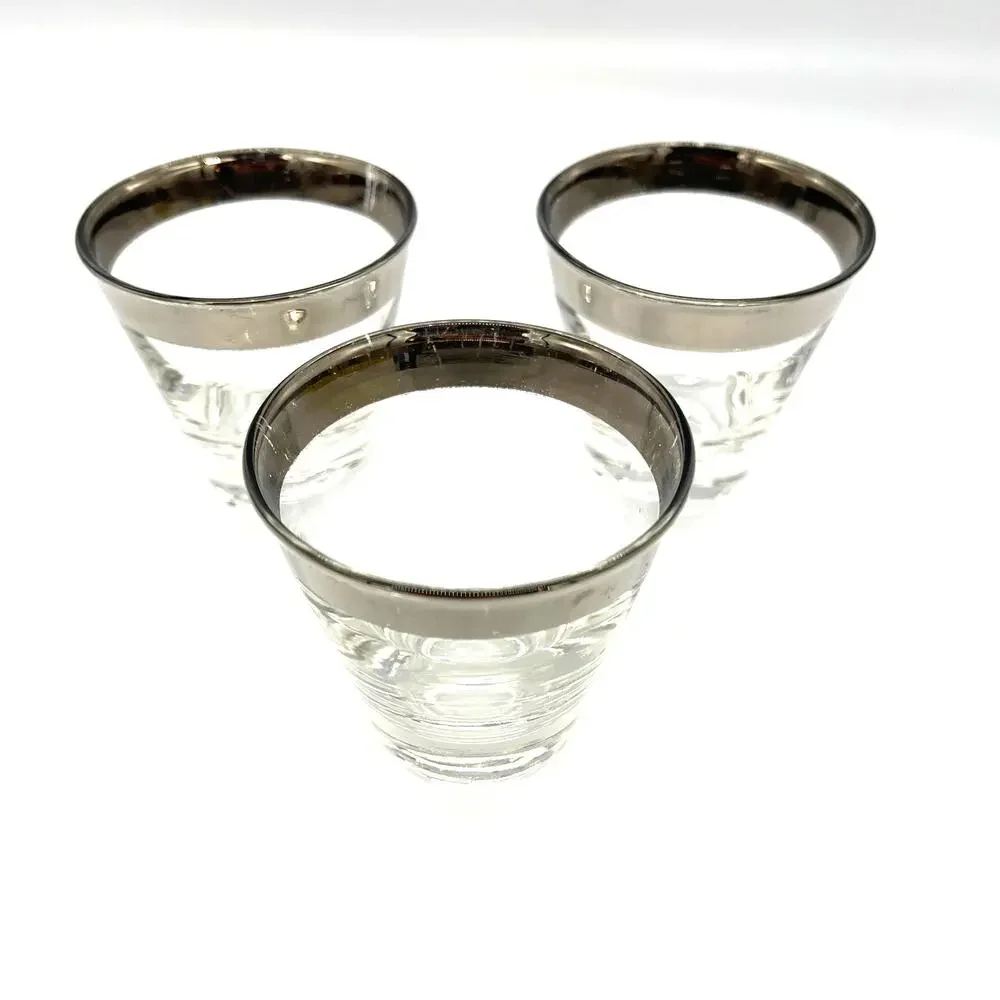 Vintage MCM Dorothy Thorpe Set of 3 Silver Rimmed Barware Shot Glasses 2.75